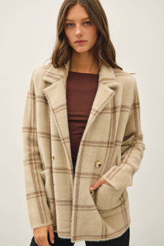 Fuzzy Plaid Collared Coat