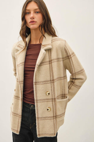Fuzzy Plaid Collared Coat
