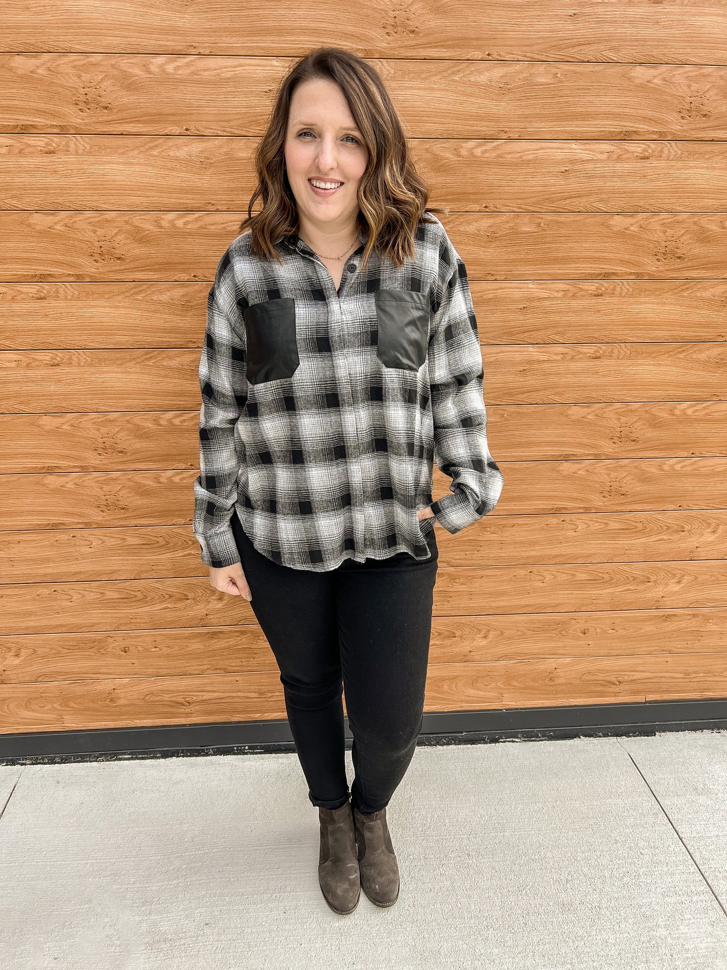 Plaid Shirt with Leather Pockets