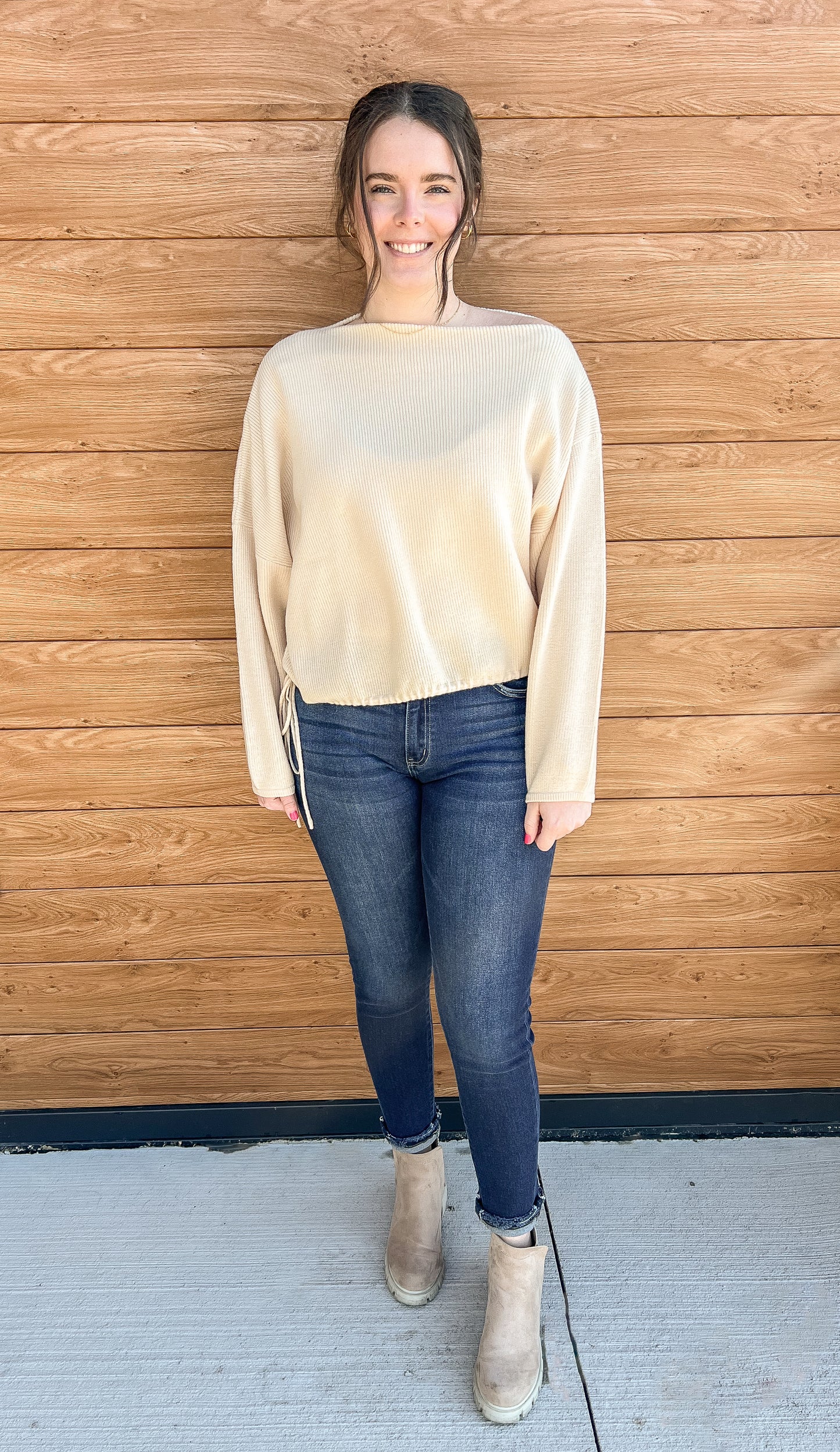 Asymmetrical Neckline Sweater with Cinching Waist