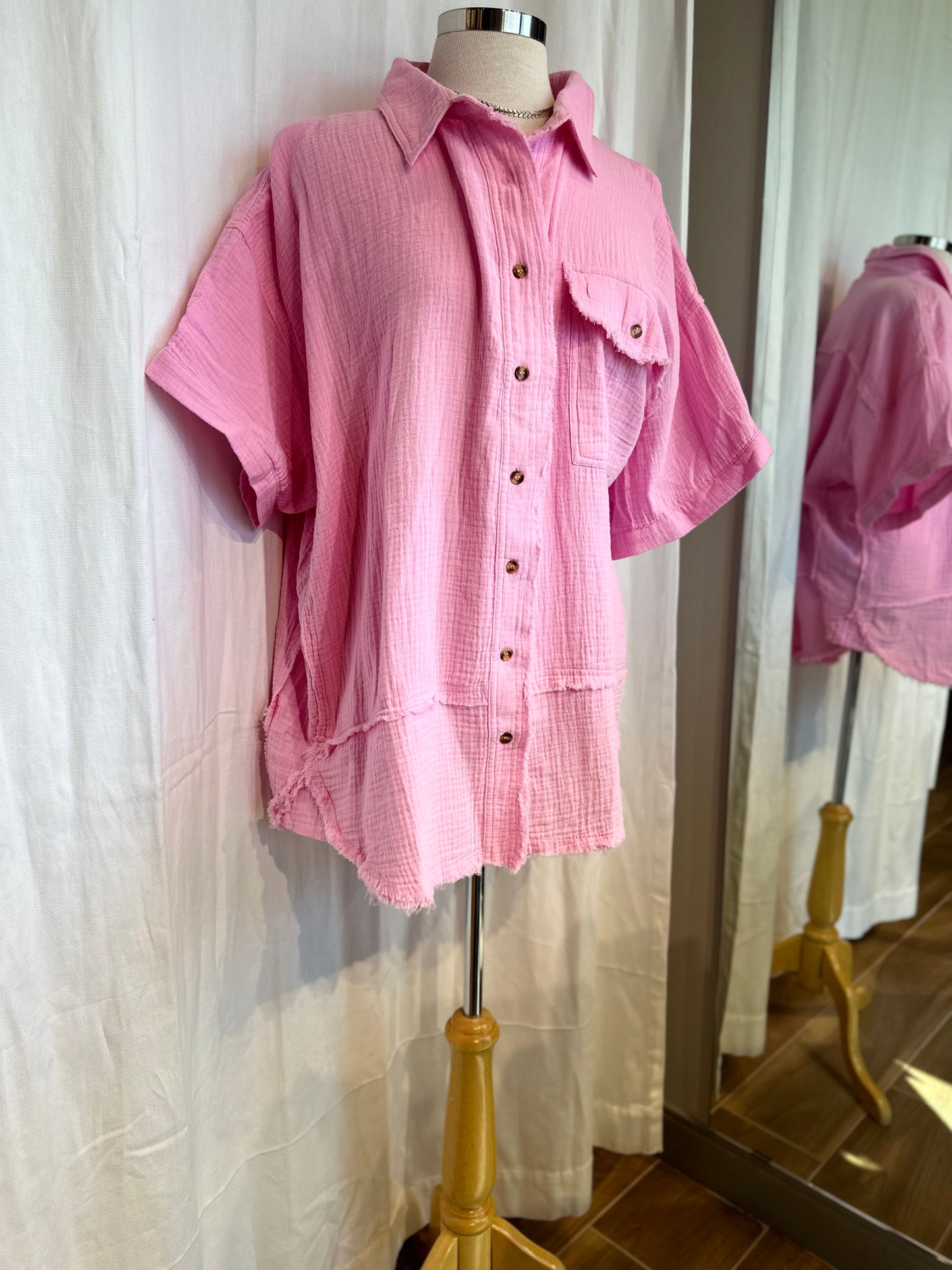 Easel Barbie Pink Cotton Gauze Button Down